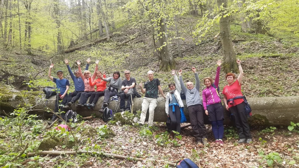 Group photo of hikers in spring forest sitting on a fallen tree